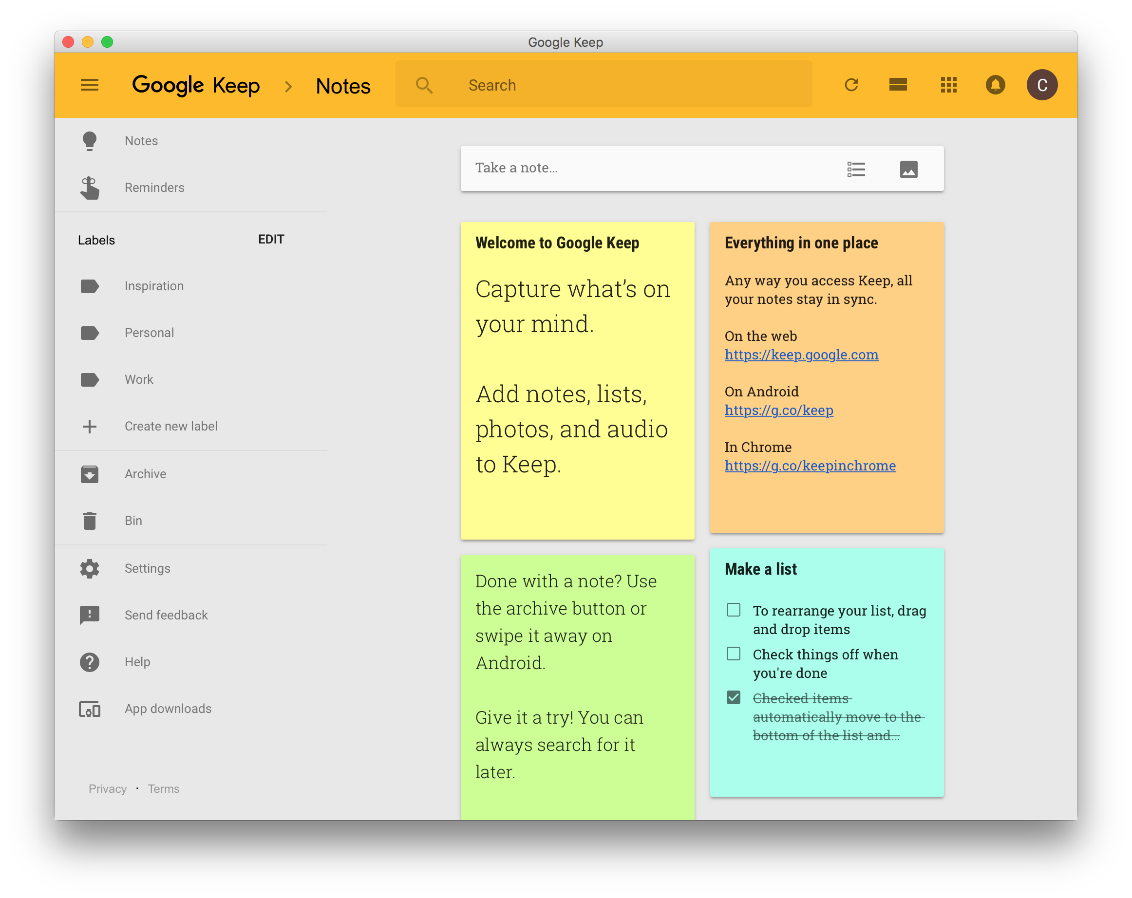 Google Keep Desktop OSX Screen